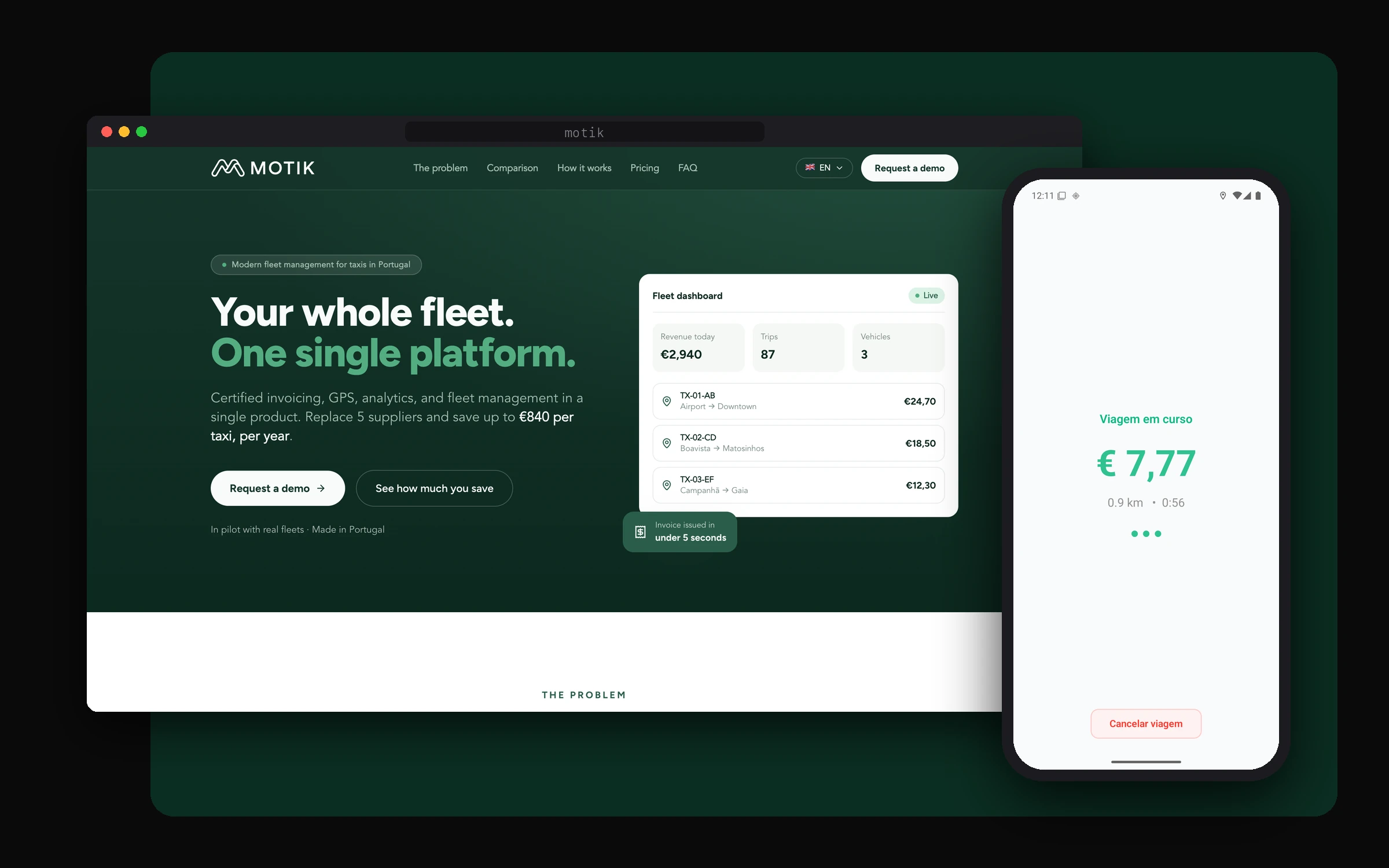 Motik website with a trip in progress on a phone