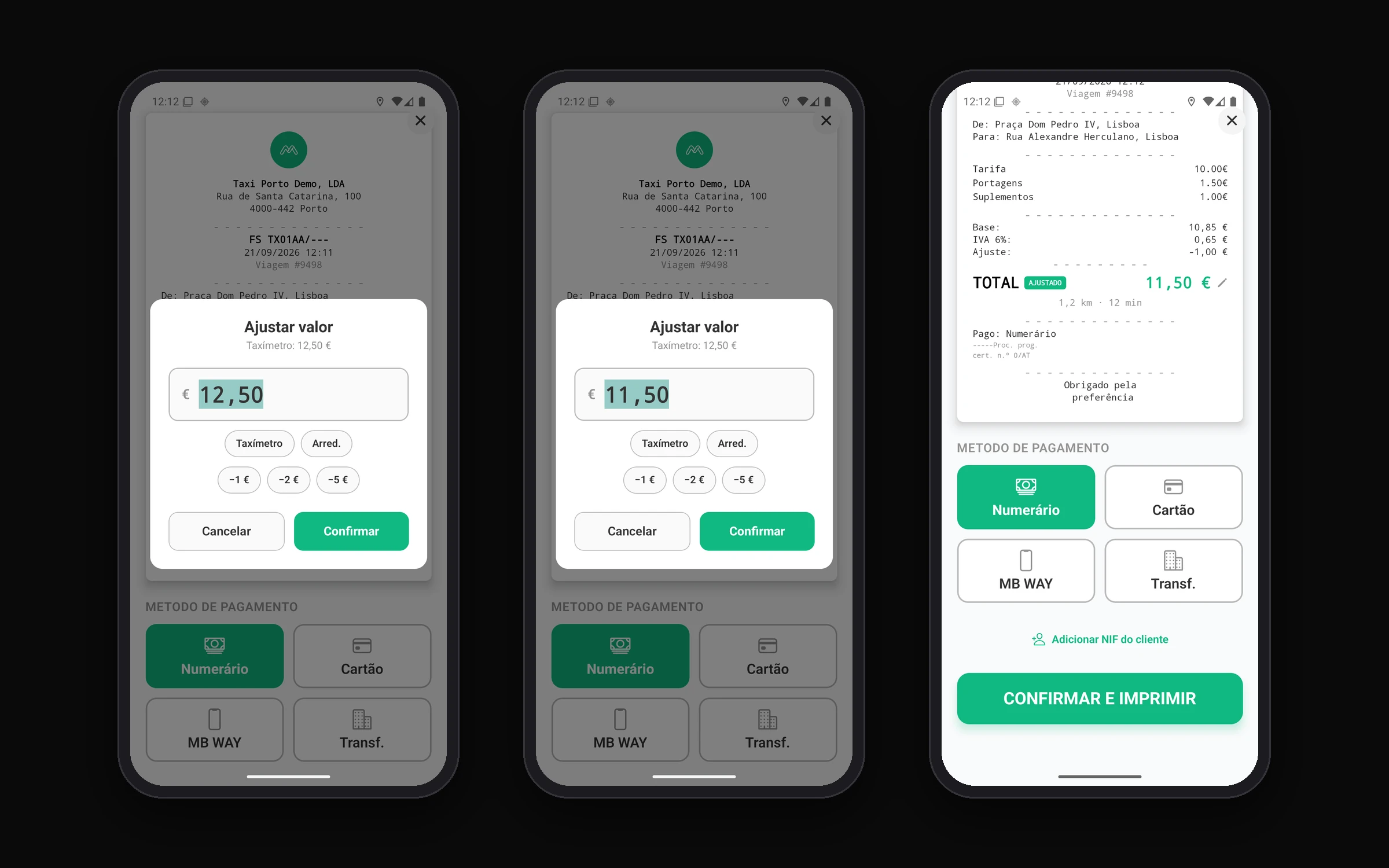 Fare adjustment dialog and the adjusted receipt