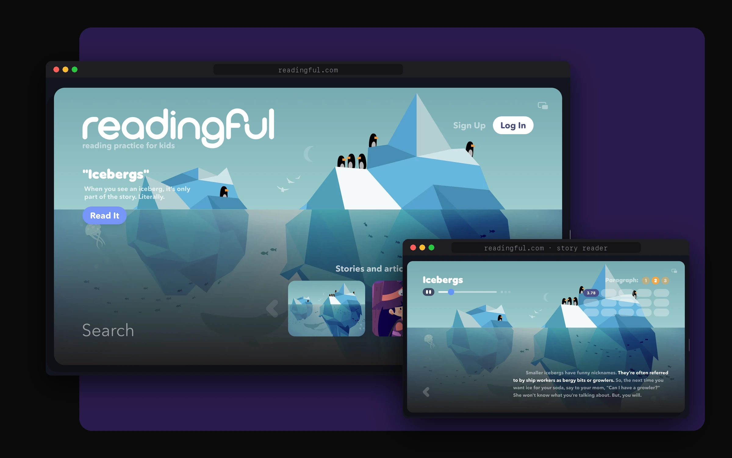 Readingful landing page with the story reader in front