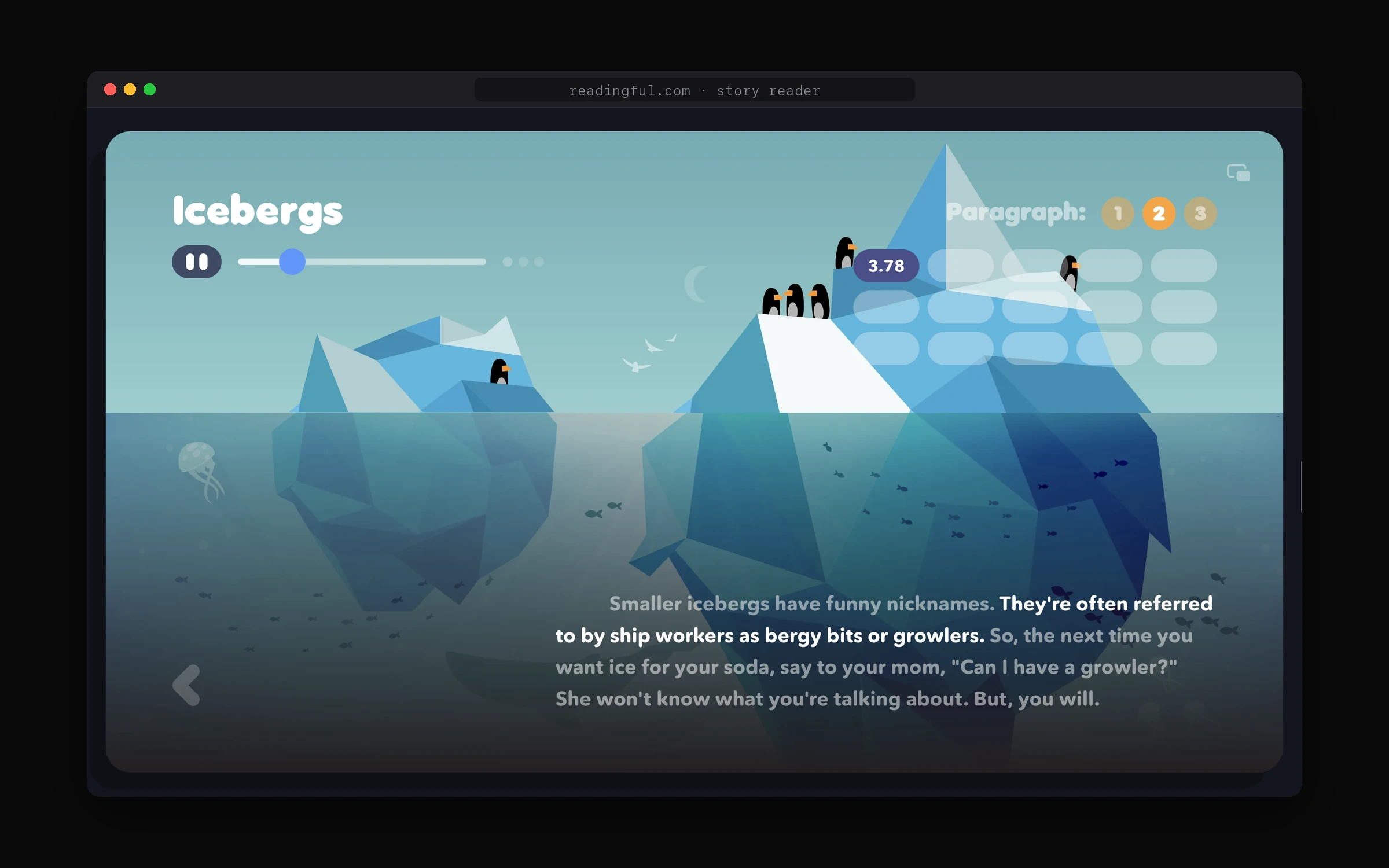 Illustrated story with narration highlighted in the text