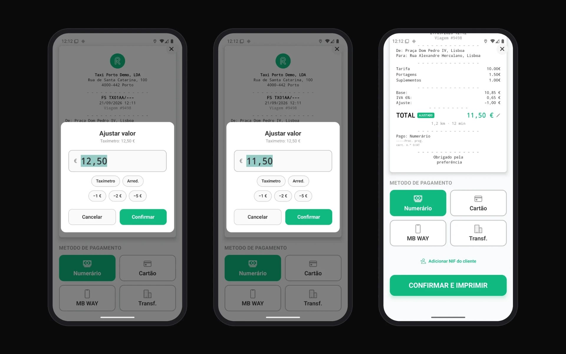 Fare adjustment dialog and the adjusted receipt