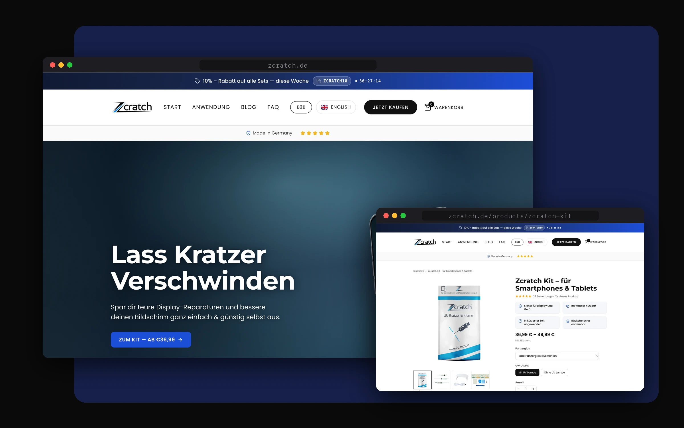 Zcratch storefront and product page in two browser windows